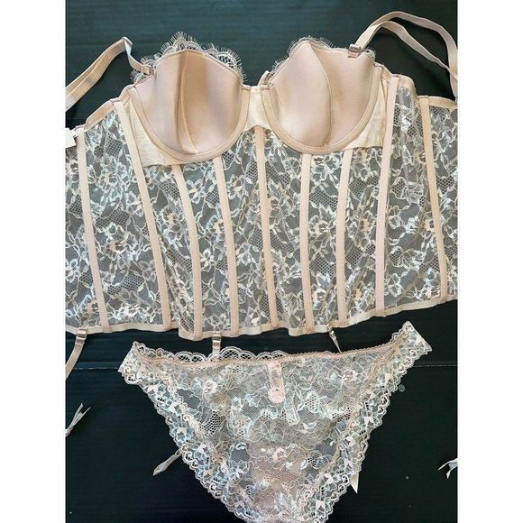Victoria's Secret 36B,36D,36DD BRA SET+garter CORSET BEIGE SILVER evening blush - Picture 5 of 11